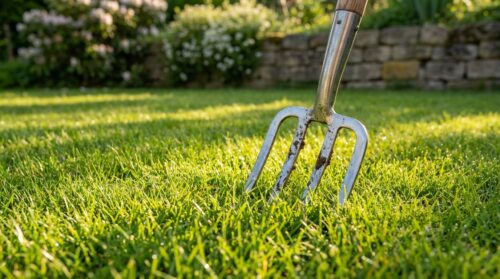 Mit der Forke in den Rasen stechen, eine vergessene Geste, die den Rasen grüner macht