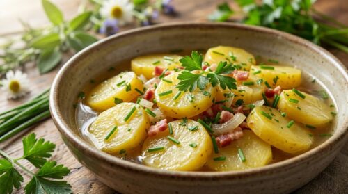 Dieses rheinische Kartoffelsalatrezept mit Brühe macht den Salat im Frühling leichter